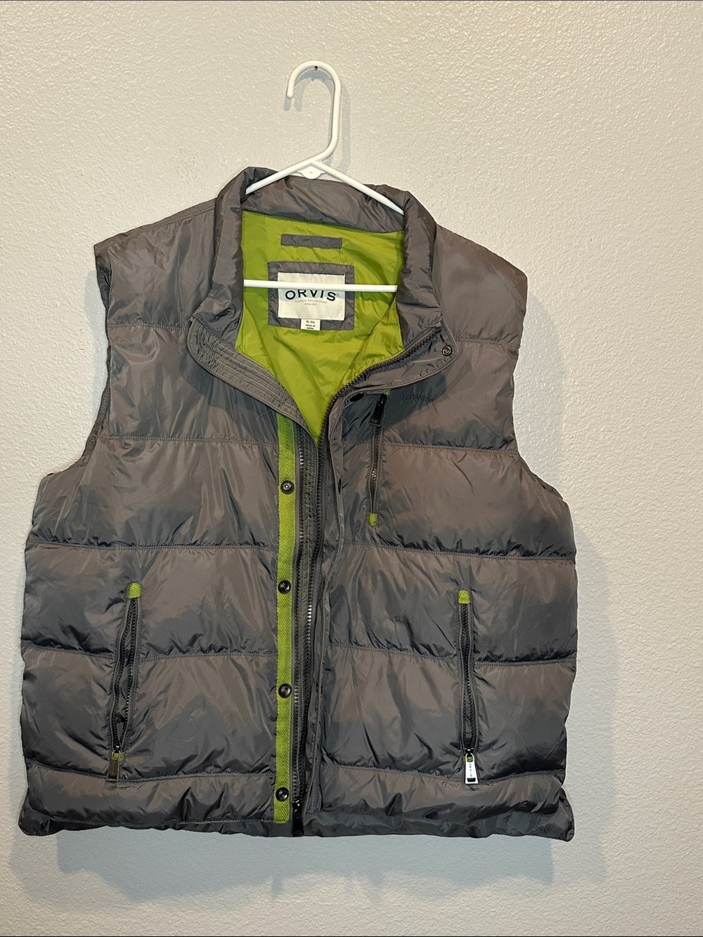 Orvis Classic Collection Down Puffer Vest Gray Lime Green Lining Men’s XL